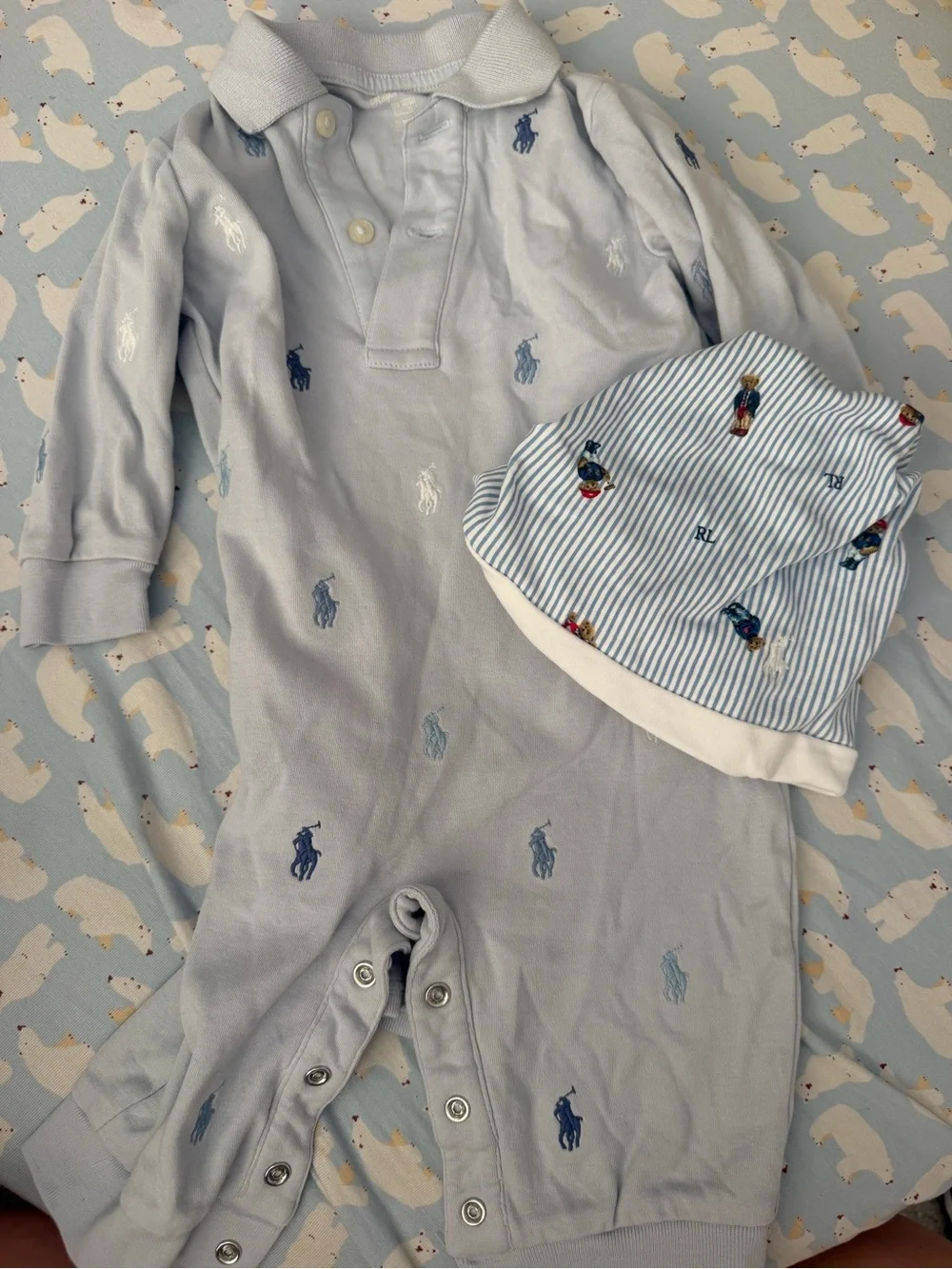 Ralph Lauren Light Blue Polo Footie with Embroidered Pony Logos & beanie
